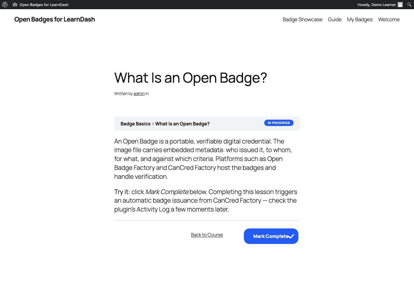 Lesson 1 of Badge Basics as the demo learner sees it, with the Mark Complete button