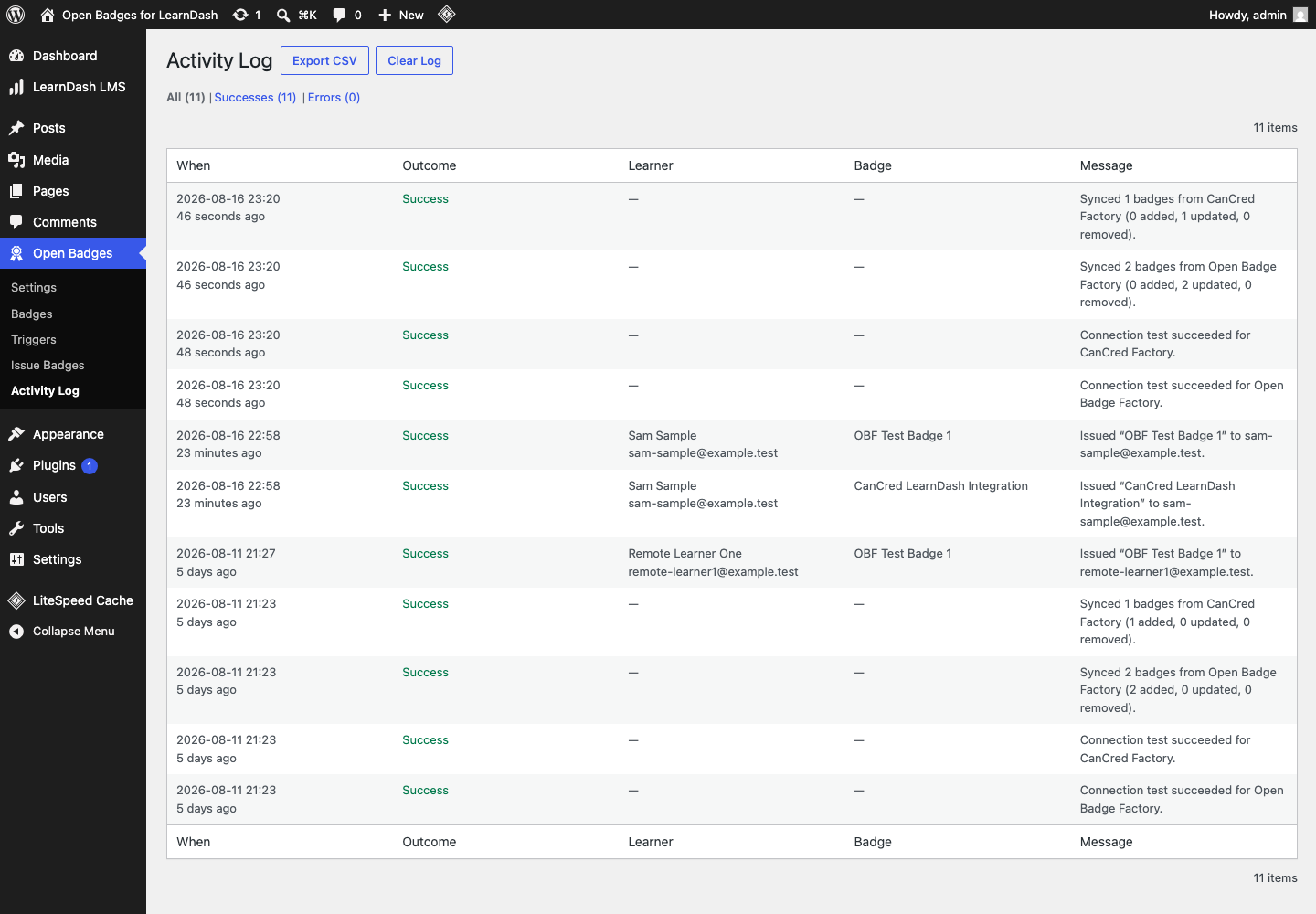 Activity Log screen with sync, connection test, and issuance entries