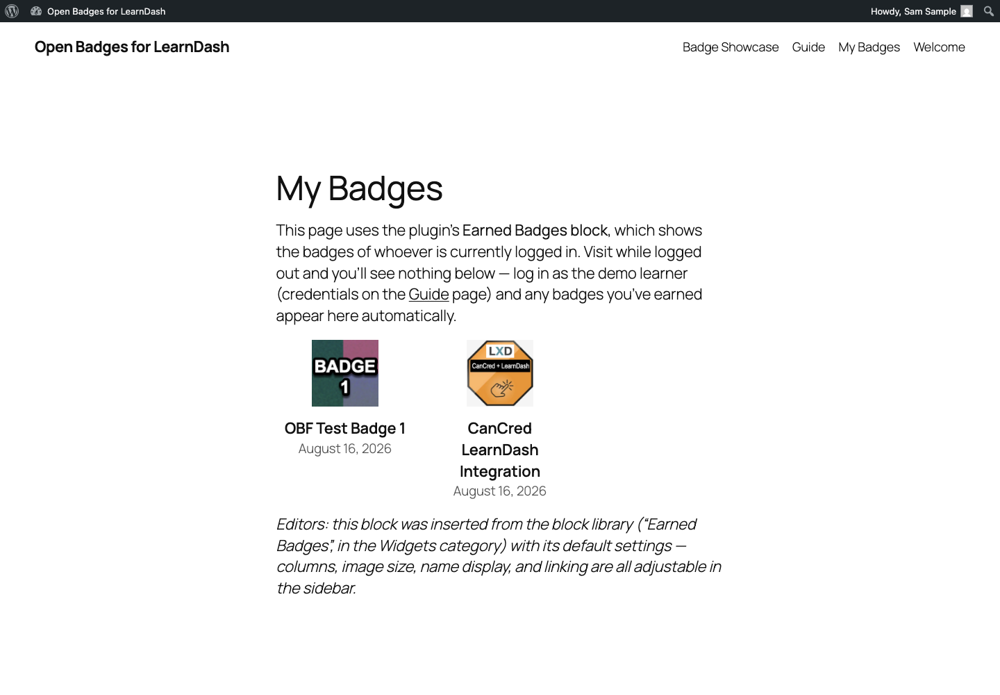 My Badges page showing a logged-in learner's two earned badges