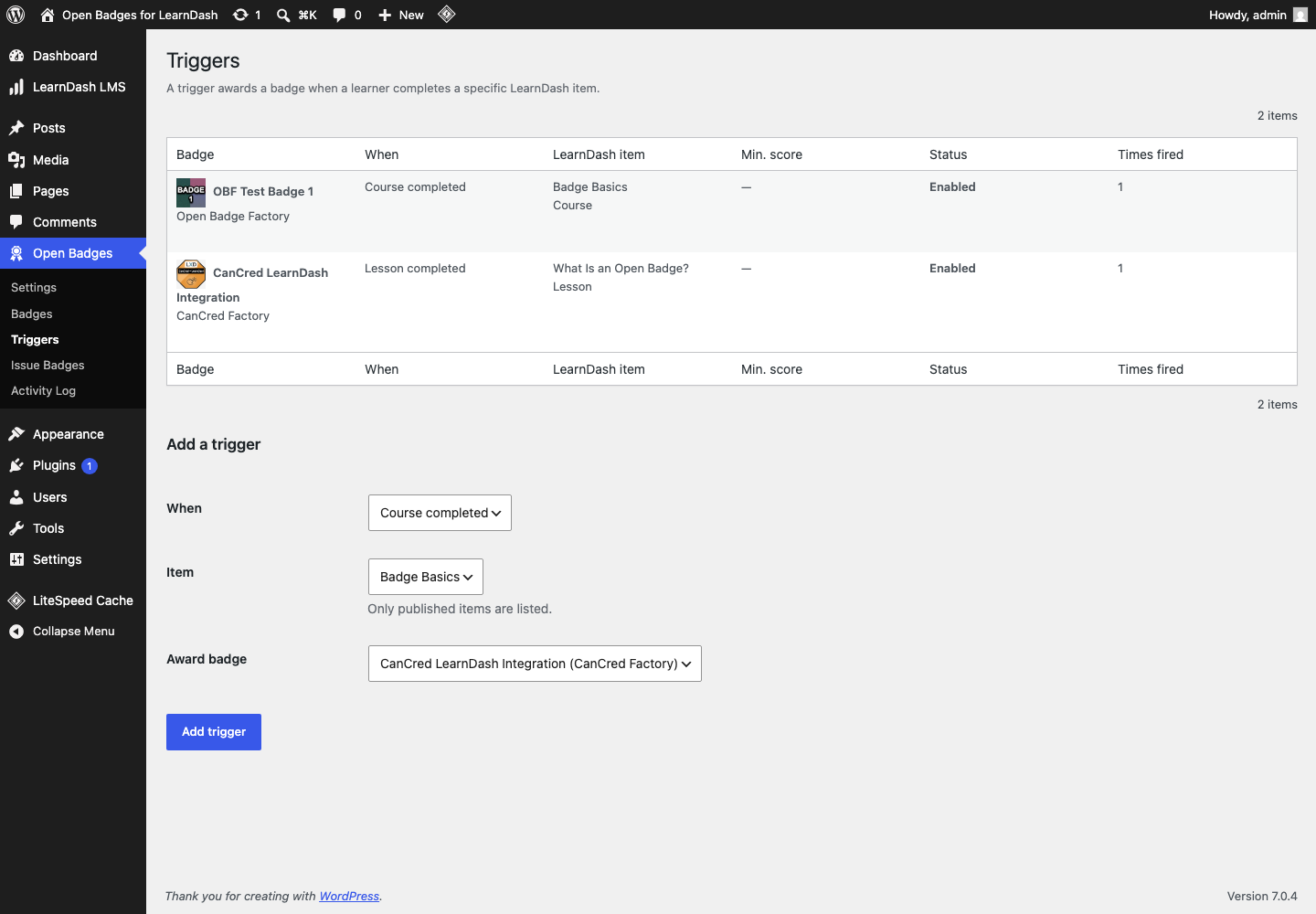 Triggers screen with two triggers and the add-a-trigger form